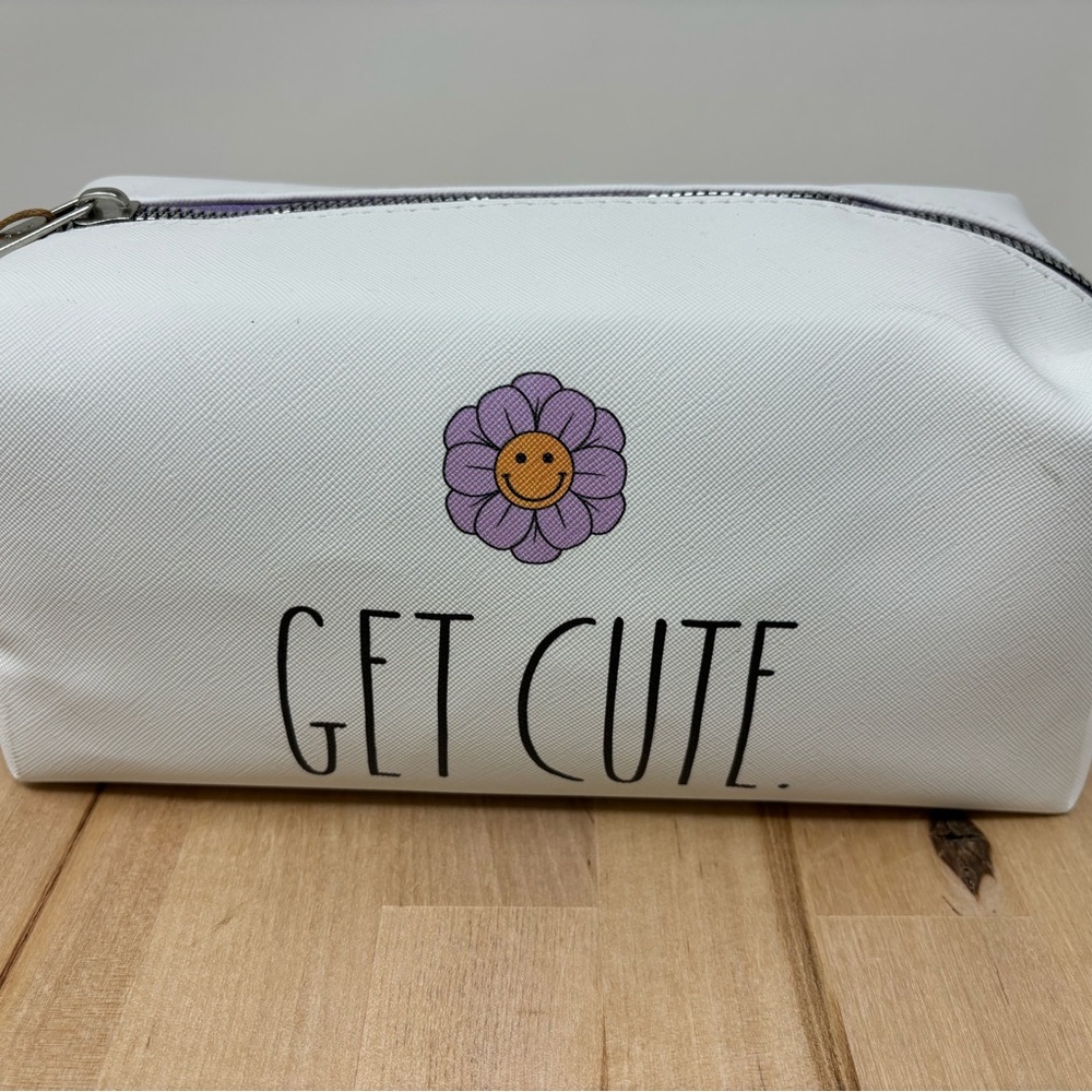 Rae Dunn GET CUTE Cosmetic Bag White with Purple Floral Decor Zip Top & Side New